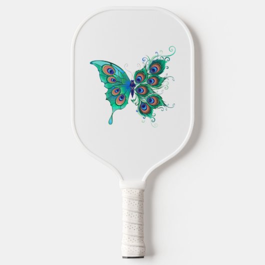 Schmetterling mit grünen Pfauenfedern Pickleball Schläger (Vorderseite)
