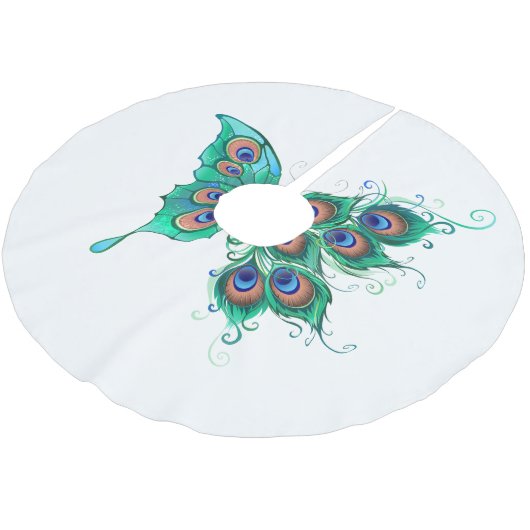 Schmetterling mit grünen Pfauenfedern Polyester Weihnachtsbaumdecke (Schrägansicht)