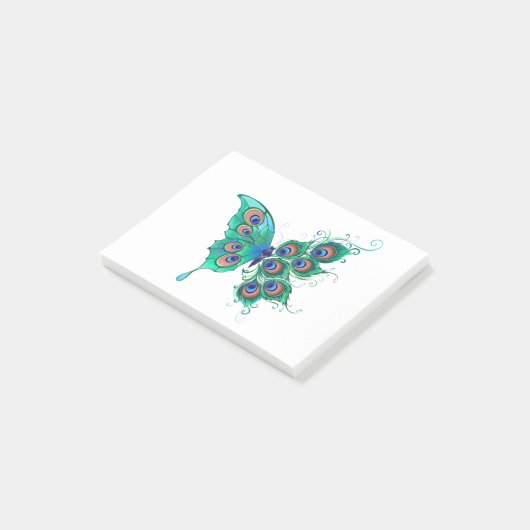 Schmetterling mit grünen Pfauenfedern Post-it Klebezettel (angewinkelt)