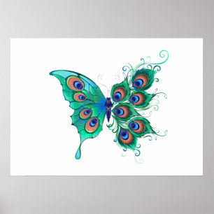 Schmetterling mit grünen Pfauenfedern Poster
