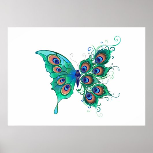 Schmetterling mit grünen Pfauenfedern Poster (Vorne)