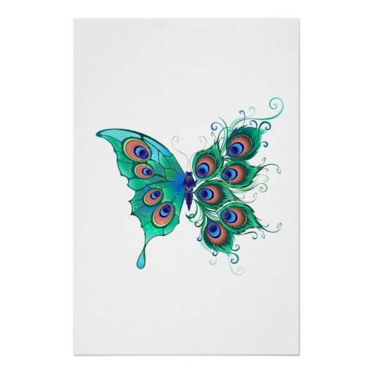 Schmetterling mit grünen Pfauenfedern Poster (Vorderseite)