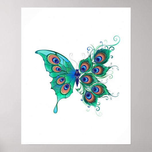 Schmetterling mit grünen Pfauenfedern Poster (Vorne)