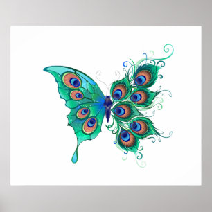Schmetterling mit grünen Pfauenfedern Poster