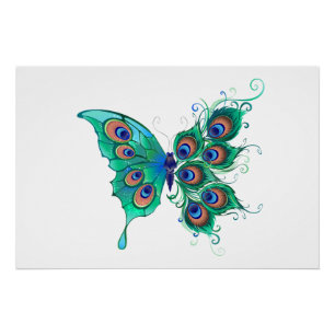 Schmetterling mit grünen Pfauenfedern Poster