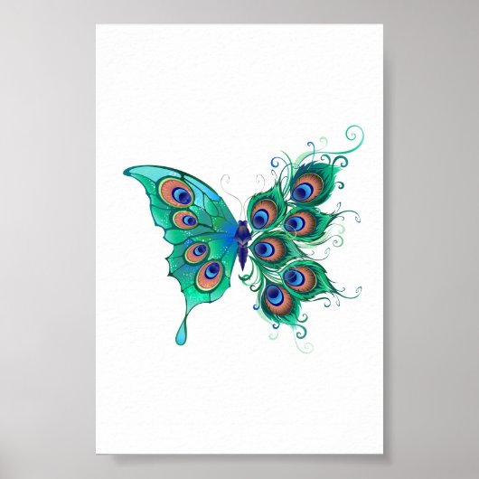 Schmetterling mit grünen Pfauenfedern Poster (Vorne)