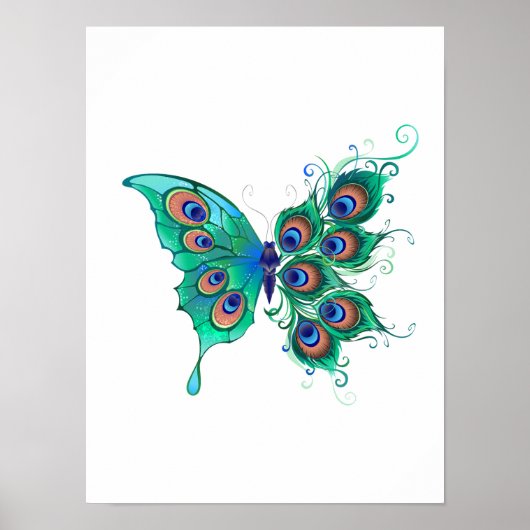 Schmetterling mit grünen Pfauenfedern Poster (Vorne)