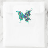 Schmetterling mit grünen Pfauenfedern Quadratischer Aufkleber (Tasche)