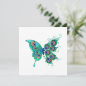 Schmetterling mit grünen Pfauenfedern Save The Date (Stehend Vorderseite)