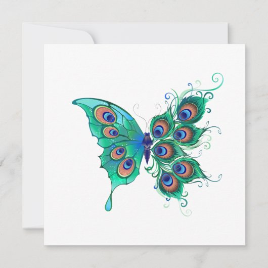 Schmetterling mit grünen Pfauenfedern Save The Date (Vorderseite)