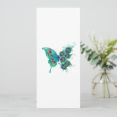 Schmetterling mit grünen Pfauenfedern Save The Date (Stehend Vorderseite)
