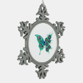 Schmetterling mit grünen Pfauenfedern Schneeflocken Zinn-Ornament (Links)