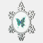 Schmetterling mit grünen Pfauenfedern Schneeflocken Zinn-Ornament (Rechts)