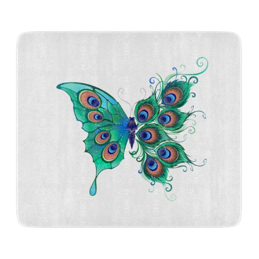 Schmetterling mit grünen Pfauenfedern Schneidebrett (Vorderseite)