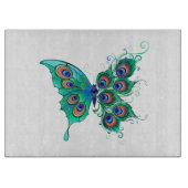 Schmetterling mit grünen Pfauenfedern Schneidebrett (Vorderseite)