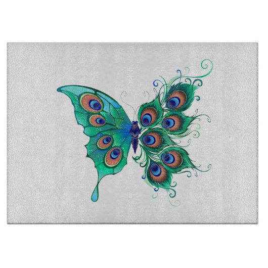 Schmetterling mit grünen Pfauenfedern Schneidebrett (Vorderseite)