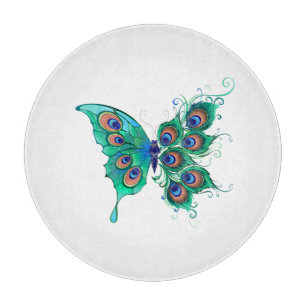 Schmetterling mit grünen Pfauenfedern Schneidebrett