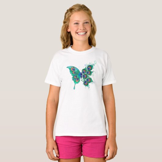 Schmetterling mit grünen Pfauenfedern T-Shirt (Vorne ganz)