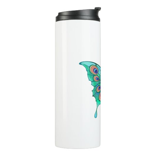 Schmetterling mit grünen Pfauenfedern Thermosbecher (Nach links gedreht)