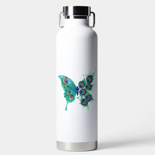 Schmetterling mit grünen Pfauenfedern Trinkflasche (Vorderseite)