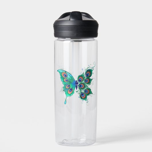 Schmetterling mit grünen Pfauenfedern Trinkflasche (Vorderseite)