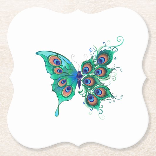 Schmetterling mit grünen Pfauenfedern Untersetzer (Vorderseite)