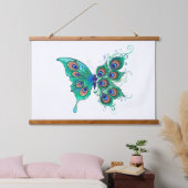 Schmetterling mit grünen Pfauenfedern Wandteppich Mit Holzrahmen (Schlafzimmer)
