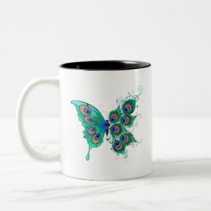 Schmetterling mit grünen Pfauenfedern Zweifarbige Tasse