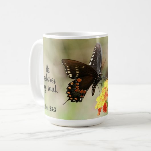 Schmetterling mit Psalm-Vers 23:3 Kaffeetasse (Vorderseite Links)