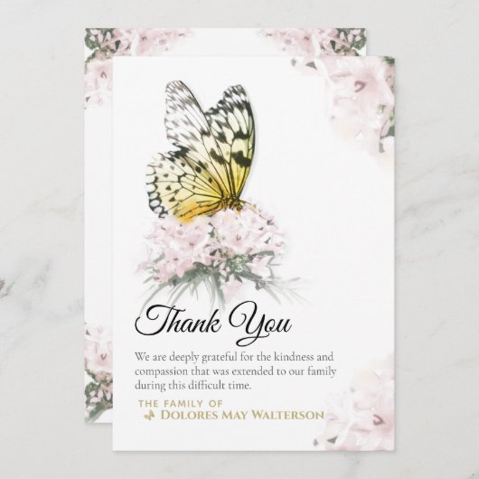 Schmetterling mit rosa Blume Beileid Danke Karte (Vorne/Hinten)