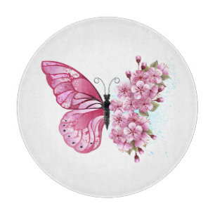 Schmetterling mit rosa Sakura-Blüten Schneidebrett