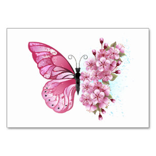 Schmetterling mit rosa Sakura Tischnummer