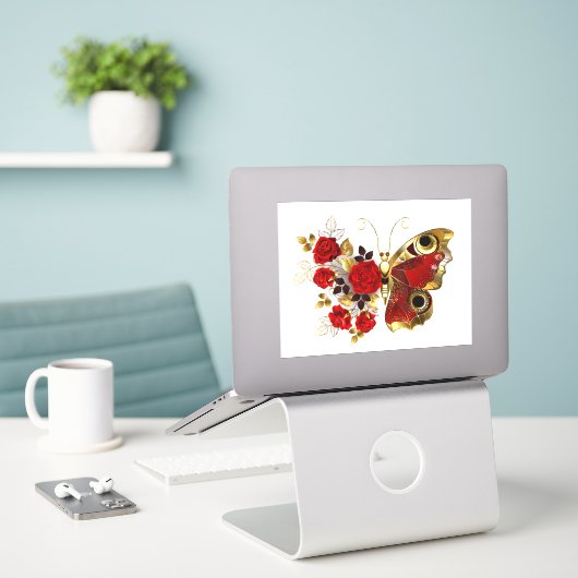Schmetterling mit roter Blume und rote Rosen Aufkleber (Laptop auf Schreibtisch)