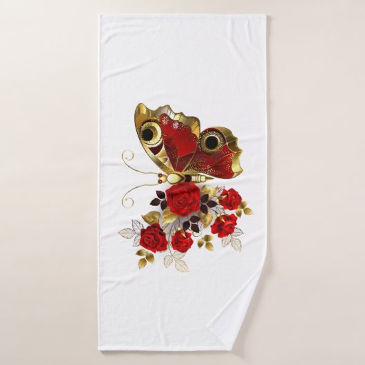 Schmetterling mit roter Blume und rote Rosen Badehandtuch (Badehandtuch)