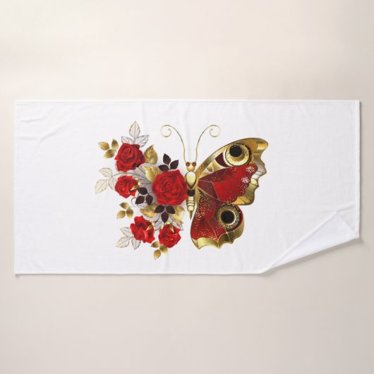 Schmetterling mit roter Blume und rote Rosen Badehandtuch (Badehandtuch)