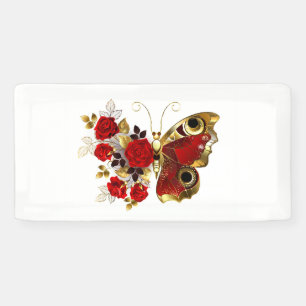 Schmetterling mit roter Blume und rote Rosen Banner