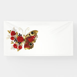 Schmetterling mit roter Blume und rote Rosen Banner