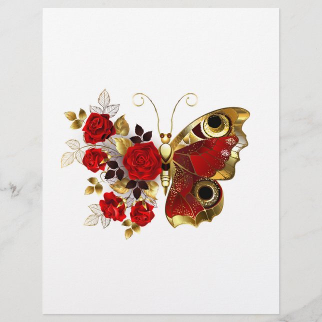 Schmetterling mit roter Blume und rote Rosen Briefbogen (Vorderseite)