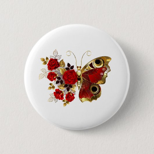 Schmetterling mit roter Blume und rote Rosen Button (Vorderseite)