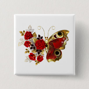 Schmetterling mit roter Blume und rote Rosen Button