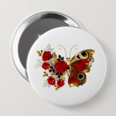 Schmetterling mit roter Blume und rote Rosen Button (Vorne & Hinten)