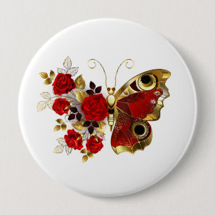 Schmetterling mit roter Blume und rote Rosen Button