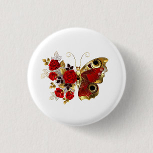 Schmetterling mit roter Blume und rote Rosen Button
