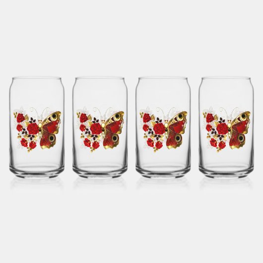 Schmetterling mit roter Blume und rote Rosen Dosenglas (Vorderseite)