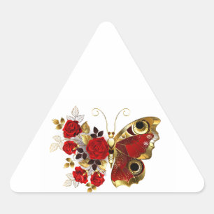 Schmetterling mit roter Blume und rote Rosen Dreieckiger Aufkleber