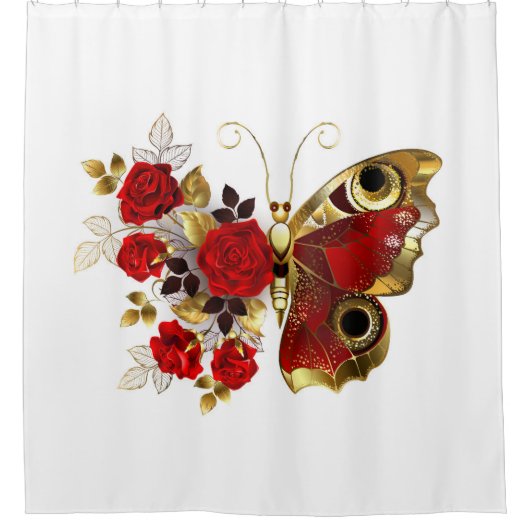 Schmetterling mit roter Blume und rote Rosen Duschvorhang (Vorderseite)