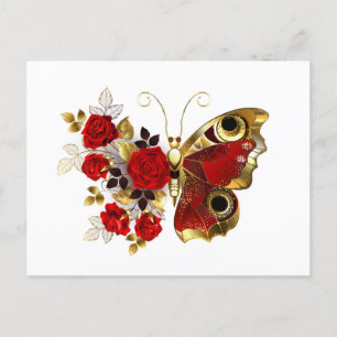 Schmetterling mit roter Blume und rote Rosen Feiertagspostkarte