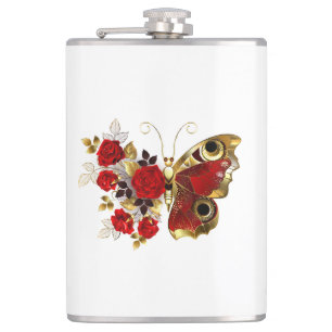 Schmetterling mit roter Blume und rote Rosen Flachmann