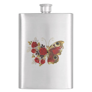 Schmetterling mit roter Blume und rote Rosen Flachmann
