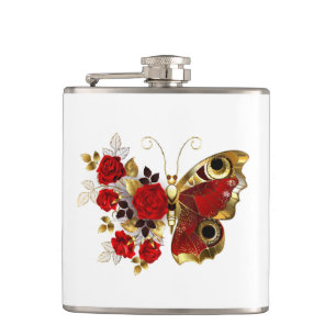 Schmetterling mit roter Blume und rote Rosen Flachmann